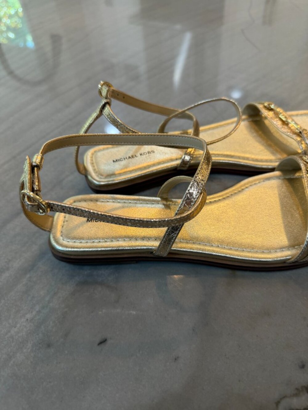 Michael Kors gold metallic embellished leather strappy flat sandals size 7 1/2 - Picture 2 of 6